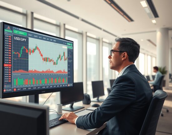 Financial analyst examining USD/JPY currency charts with Bank of Japan policy implications