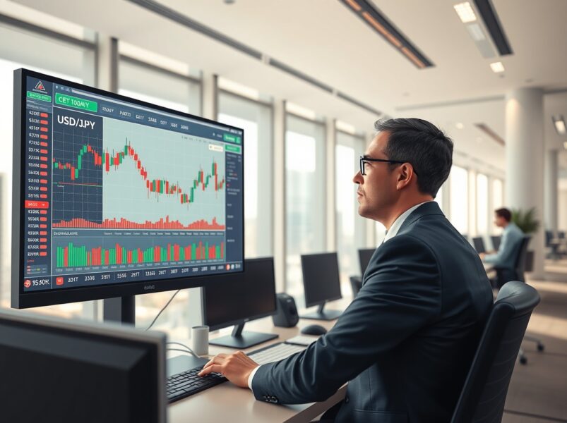 Financial analyst examining USD/JPY currency charts with Bank of Japan policy implications