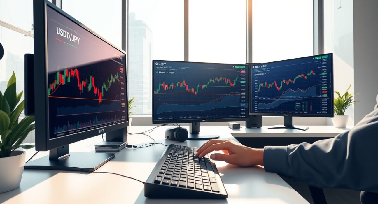 USD/JPY trading analysis showing currency charts and market data on professional trading monitors