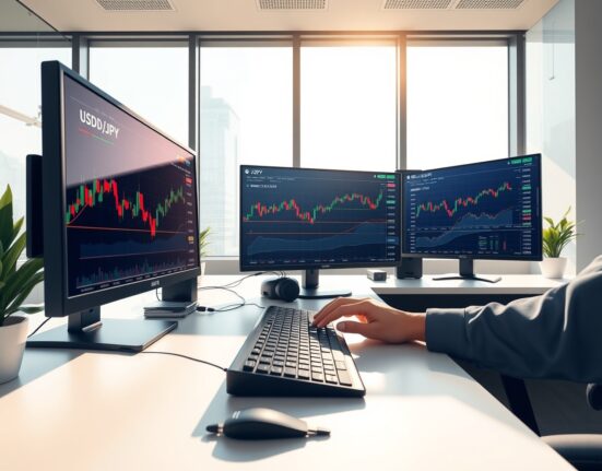 USD/JPY trading analysis showing currency charts and market data on professional trading monitors