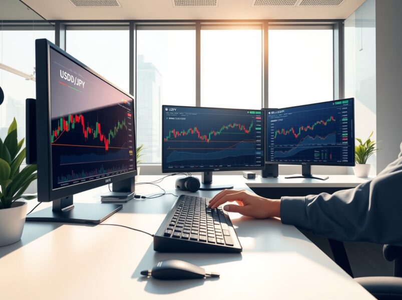 USD/JPY trading analysis showing currency charts and market data on professional trading monitors