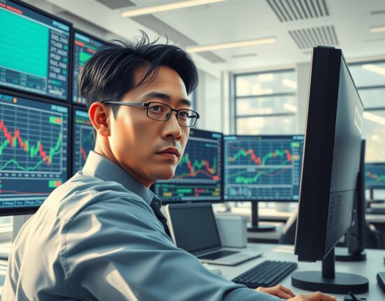 Financial analyst monitoring USD/JPY currency charts showing potential volatile movement toward 160 level