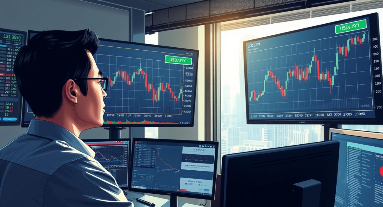 Trader analyzing USD/JPY currency charts during volatile market conditions in Tokyo financial district