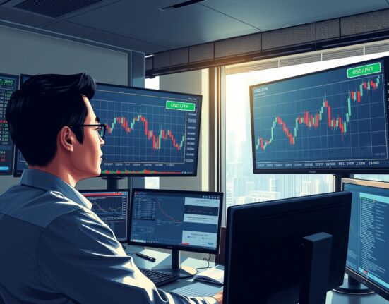 Trader analyzing USD/JPY currency charts during volatile market conditions in Tokyo financial district