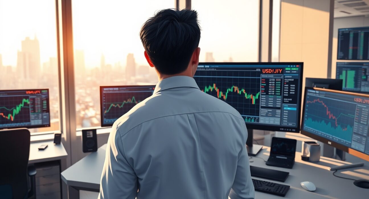 Trader analyzing USD/JPY forex charts amid intervention risks in 2025 currency markets.