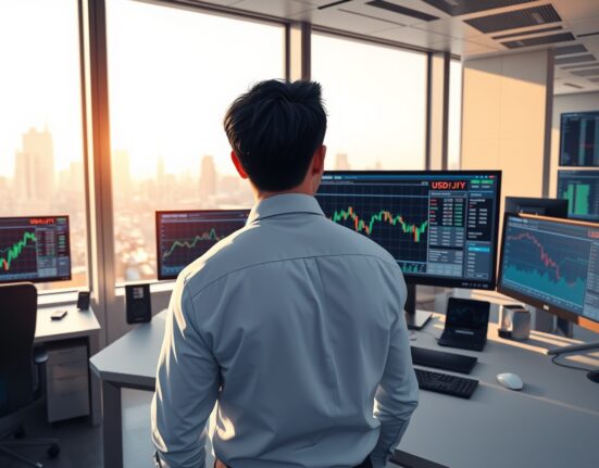 Trader analyzing USD/JPY forex charts amid intervention risks in 2025 currency markets.