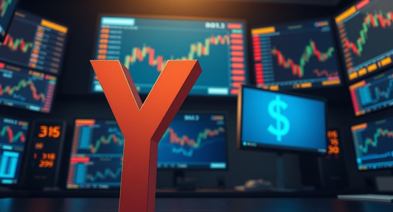 USD/JPY currency pair chart showing Yen intervention impact with digital trading screen background
