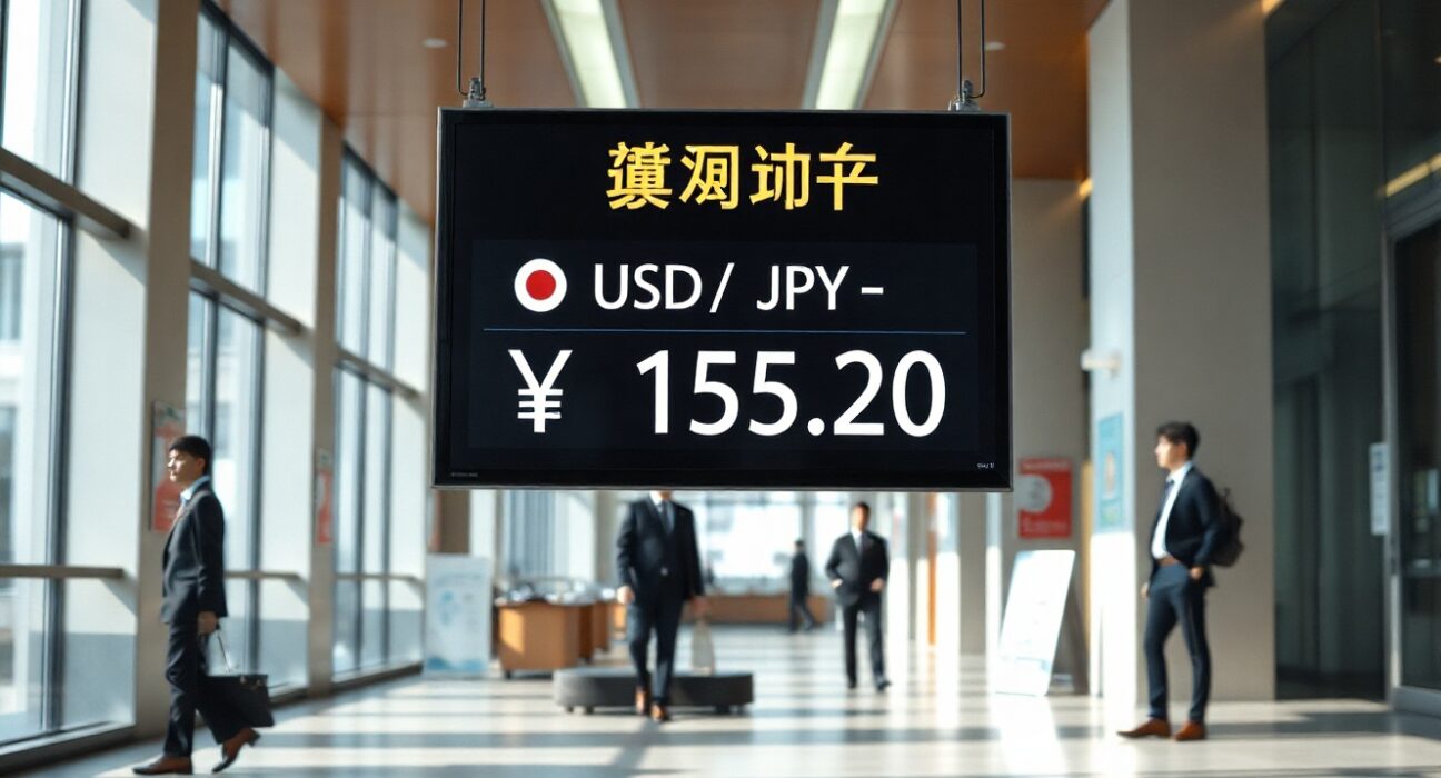 Digital currency exchange board showing USD/JPY rate in a Tokyo financial district