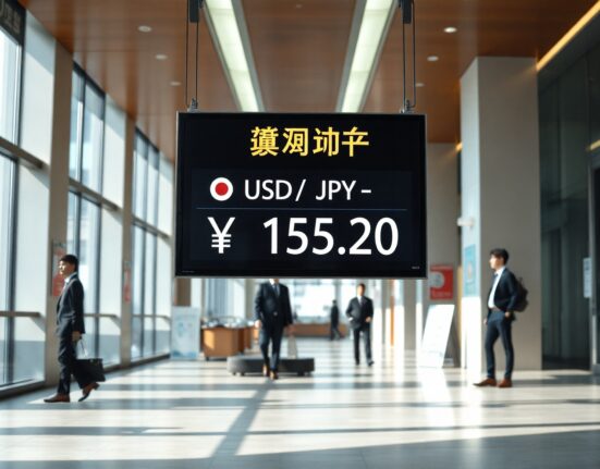 Digital currency exchange board showing USD/JPY rate in a Tokyo financial district