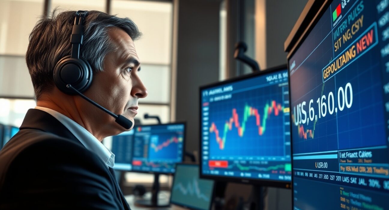 Trader monitoring USD/JPY exchange rate near 160.00 amid Middle East geopolitical tensions affecting currency markets.