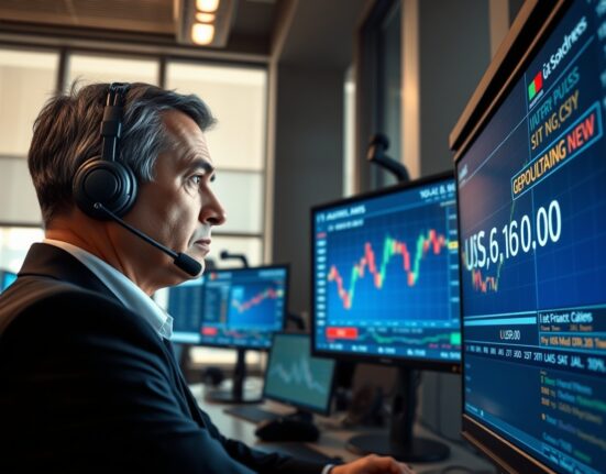 Trader monitoring USD/JPY exchange rate near 160.00 amid Middle East geopolitical tensions affecting currency markets.