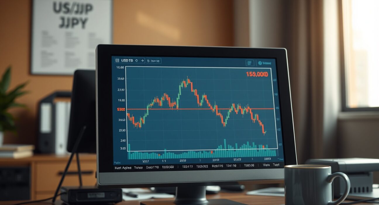 USD/JPY currency pair trading chart analysis showing price below 159.00 level.