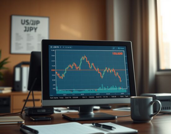 USD/JPY currency pair trading chart analysis showing price below 159.00 level.