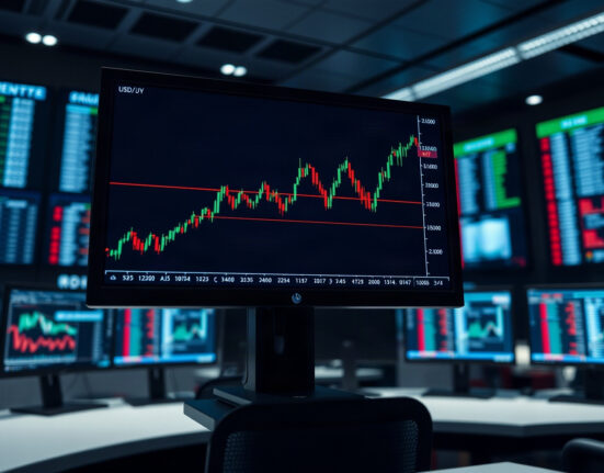 USD/JPY candlestick chart on a trading monitor showing potential reversal pattern.