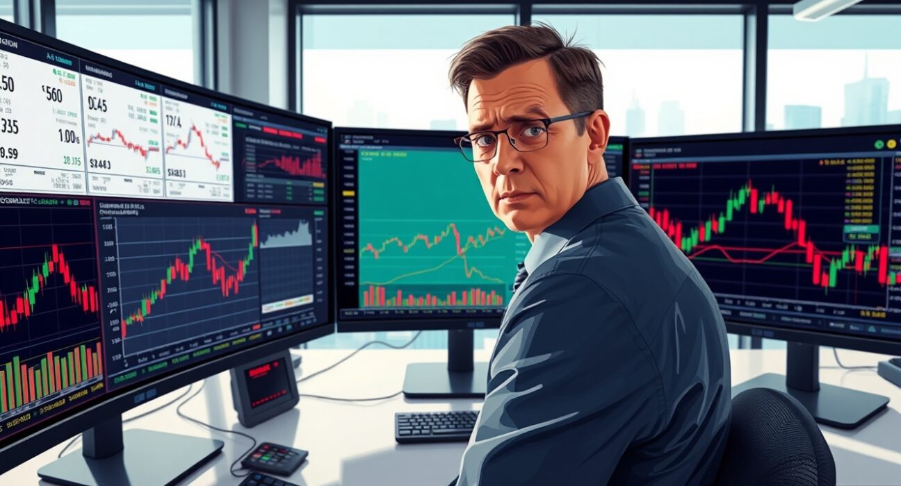 Financial analyst monitoring USD/JPY currency pair charts and Bank of Japan policy data in trading environment