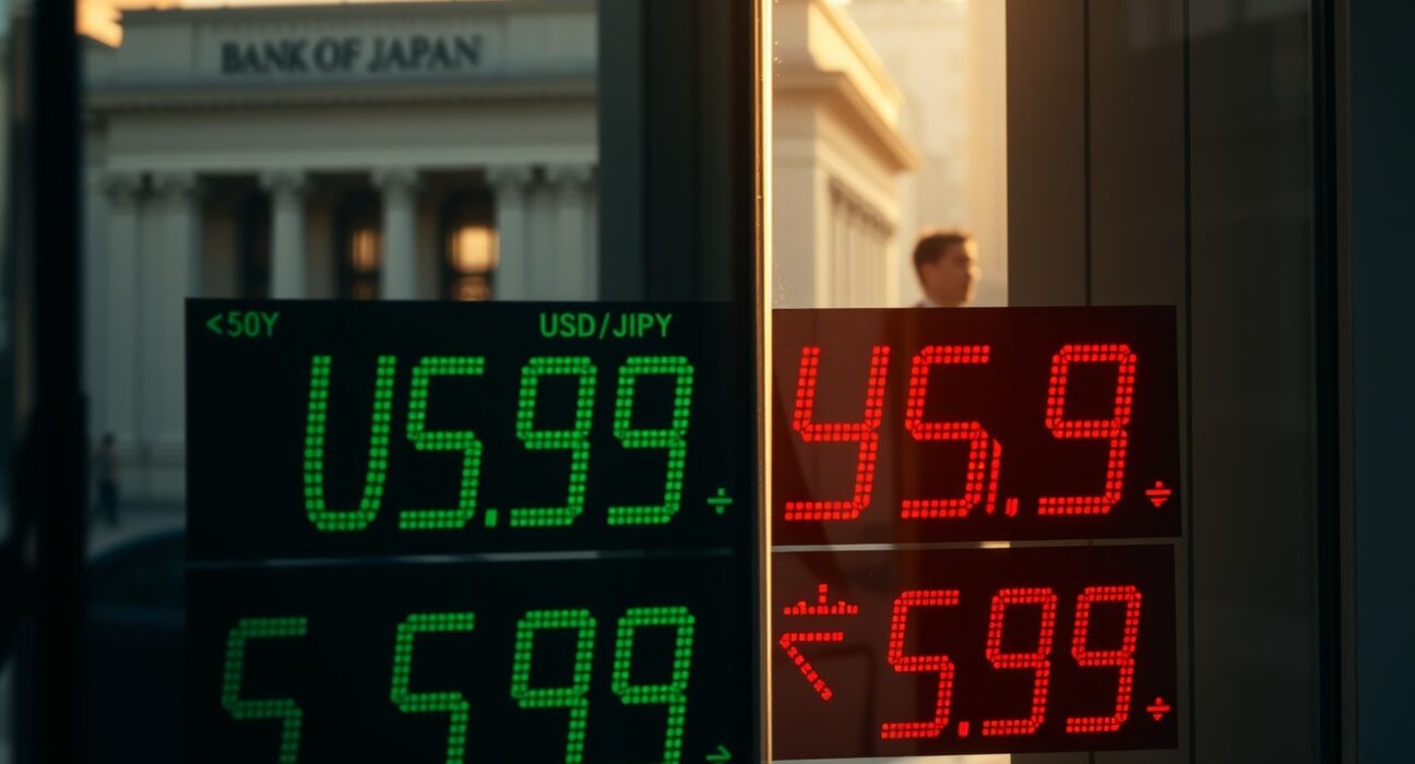 USD/JPY exchange rate board in Tokyo financial district with Bank of Japan building in background