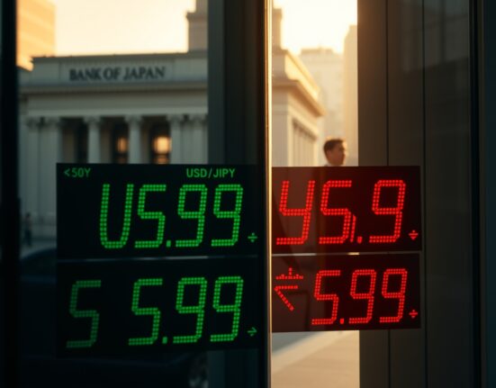 USD/JPY exchange rate board in Tokyo financial district with Bank of Japan building in background