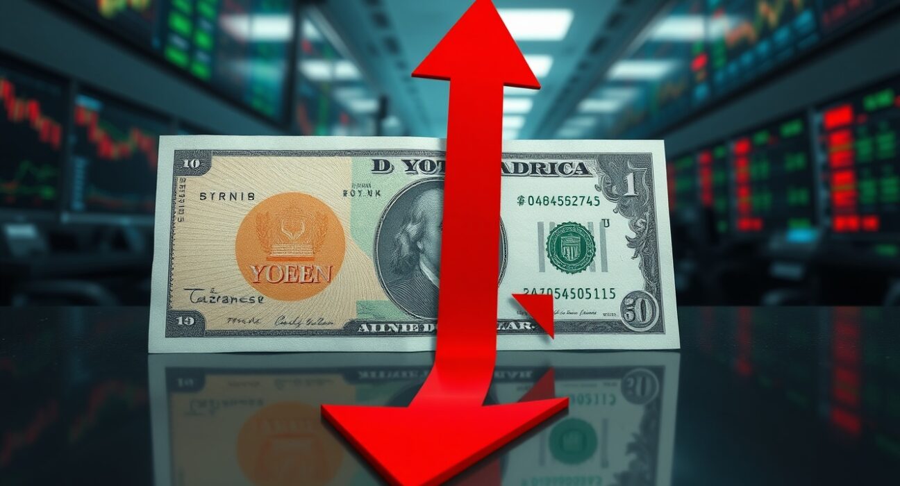 USD/JPY Yentervention: Japanese yen and US dollar banknotes with a downward arrow symbolizing a sharp decline in the currency pair.