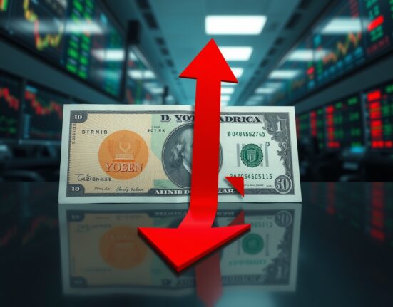 USD/JPY Yentervention: Japanese yen and US dollar banknotes with a downward arrow symbolizing a sharp decline in the currency pair.
