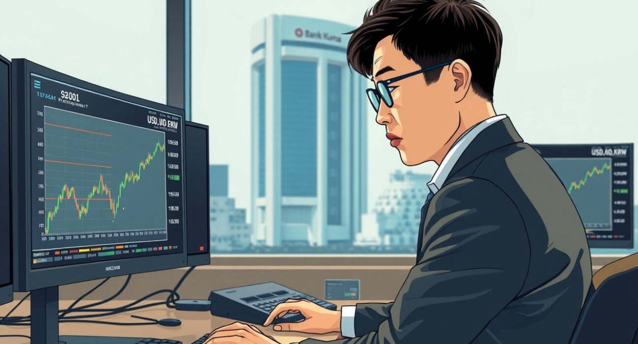 Foreign exchange trader monitoring USD/KRW exchange rate hitting 17-year high at Bank of Korea headquarters in Seoul