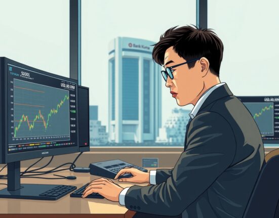 Foreign exchange trader monitoring USD/KRW exchange rate hitting 17-year high at Bank of Korea headquarters in Seoul
