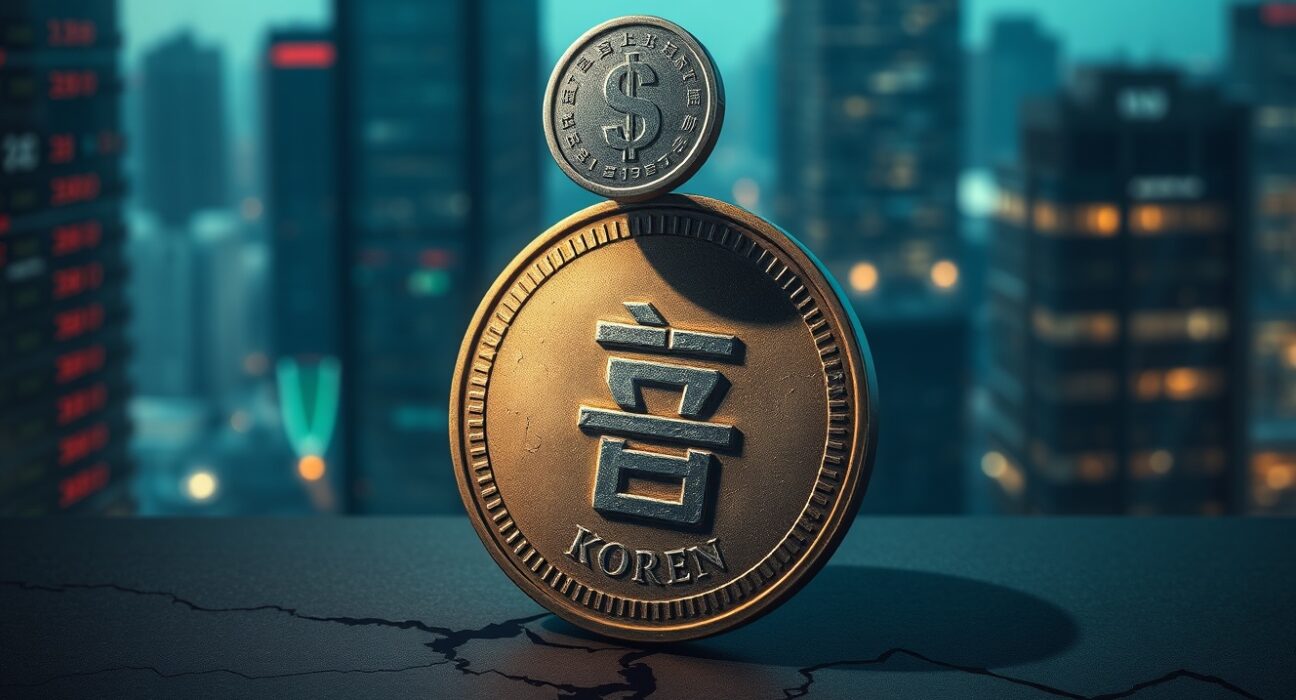 USD/KRW Korean won pressure from outbound investment depicted with a won coin on a financial chart