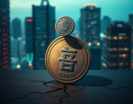 USD/KRW Korean won pressure from outbound investment depicted with a won coin on a financial chart