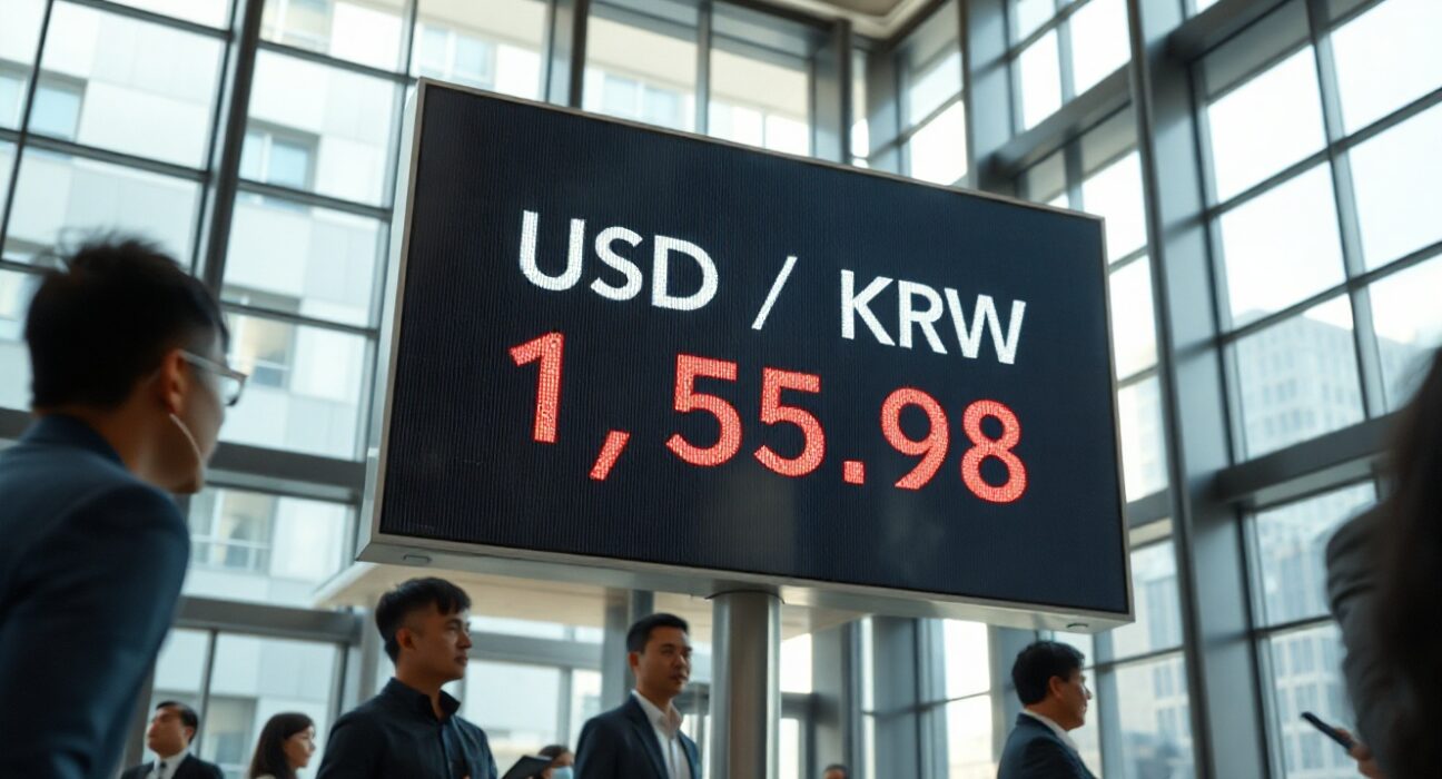 Digital exchange board in Seoul showing USD/KRW rate at 1,546.98, a new all-time high for the dollar against the won.