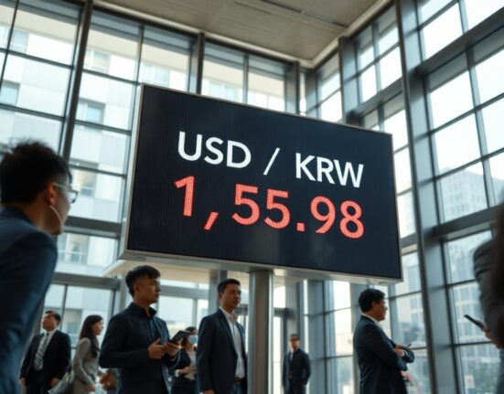 Digital exchange board in Seoul showing USD/KRW rate at 1,546.98, a new all-time high for the dollar against the won.