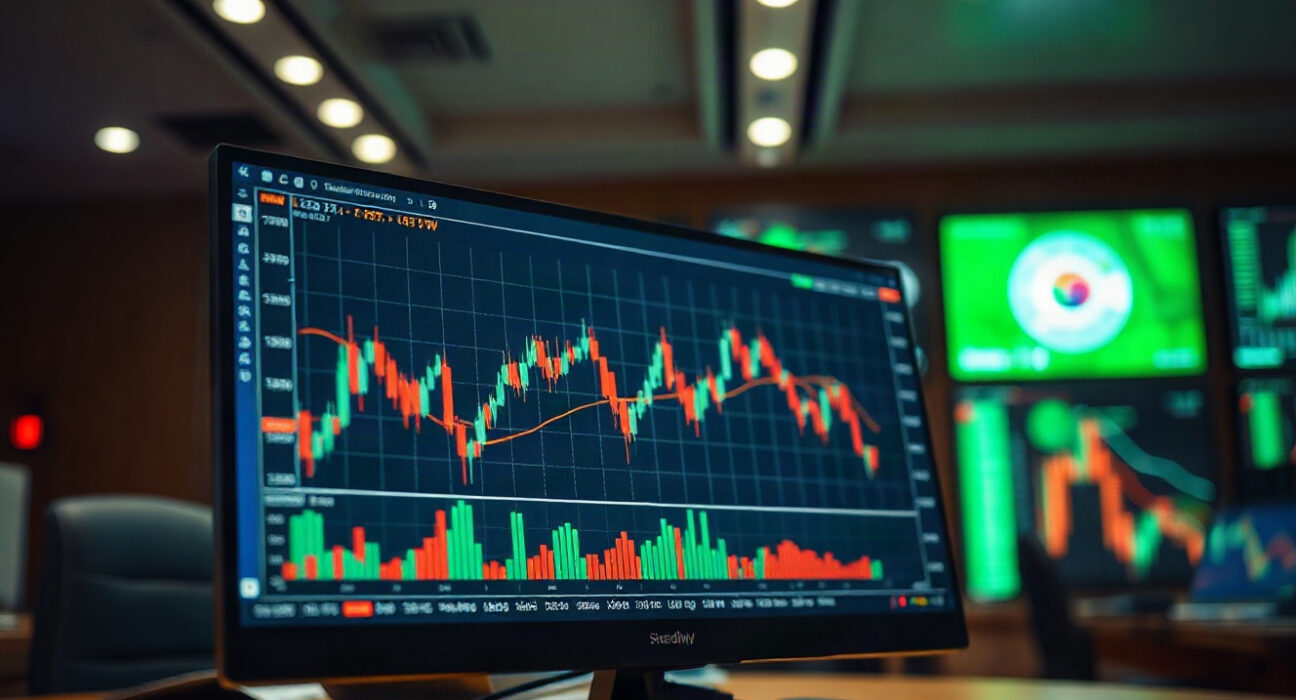 Trading screen showing USD/KRW chart with consolidation pattern