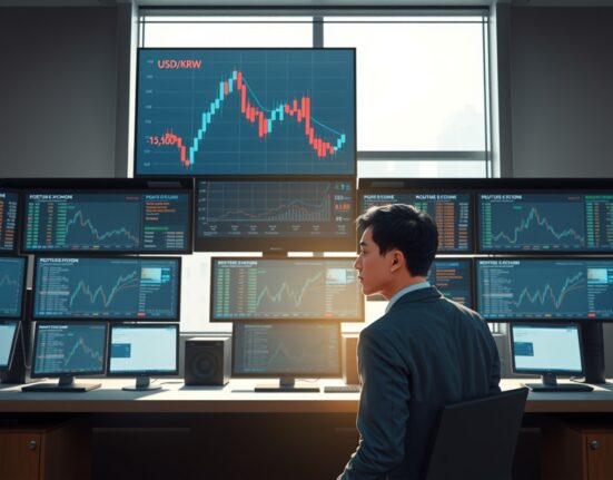 Professional trader in Seoul analyzes the USD/KRW exchange rate chart showing recent volatility.