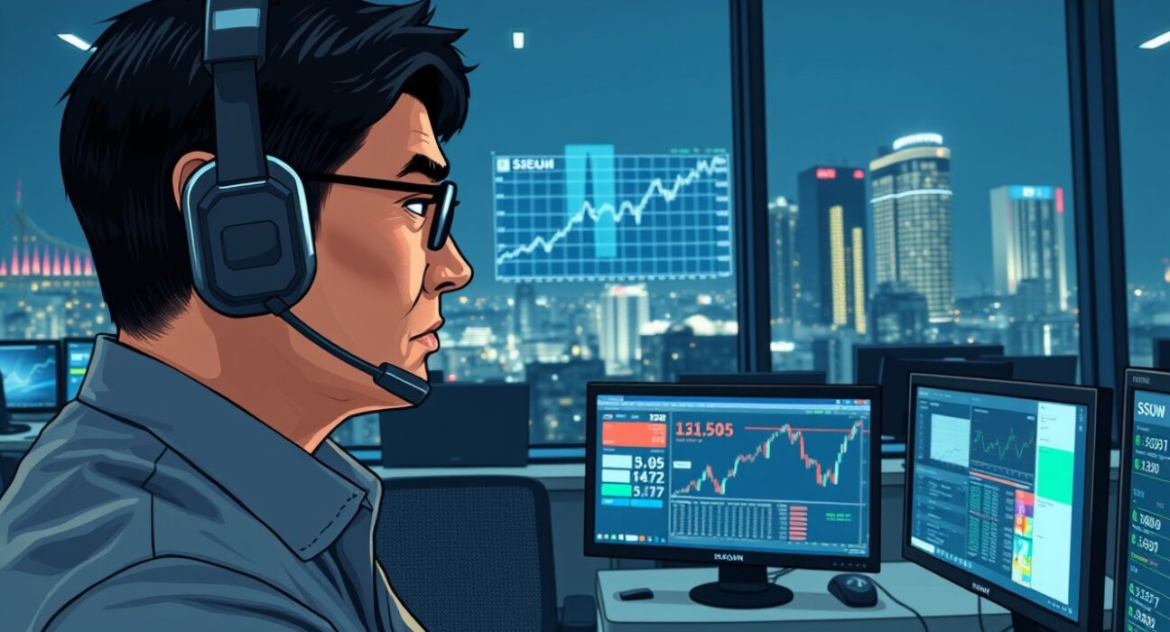 Financial analyst monitoring the surging USD to Korean Won exchange rate data on trading screens in