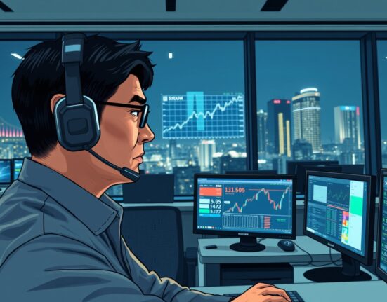 Financial analyst monitoring the surging USD to Korean Won exchange rate data on trading screens in Seoul.