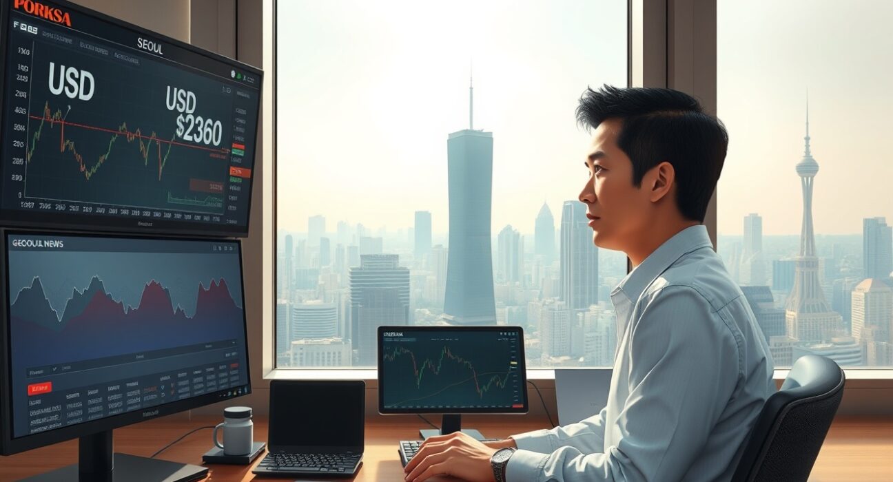 Financial analyst monitoring USD/KRW exchange rate amid geopolitical risk factors affecting currency markets