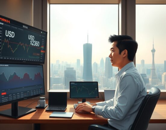 Financial analyst monitoring USD/KRW exchange rate amid geopolitical risk factors affecting currency markets