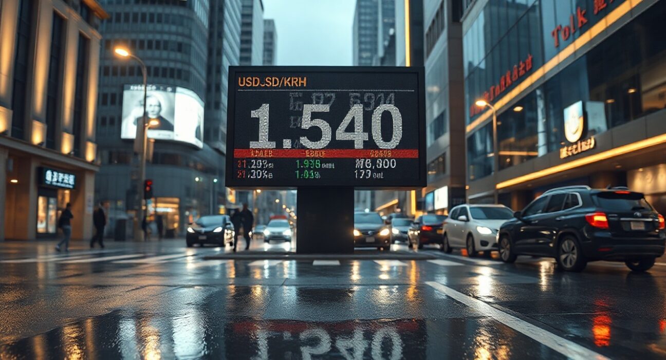 Electronic stock board in Seoul showing USD/KRW exchange rate at 1,540 during evening trading