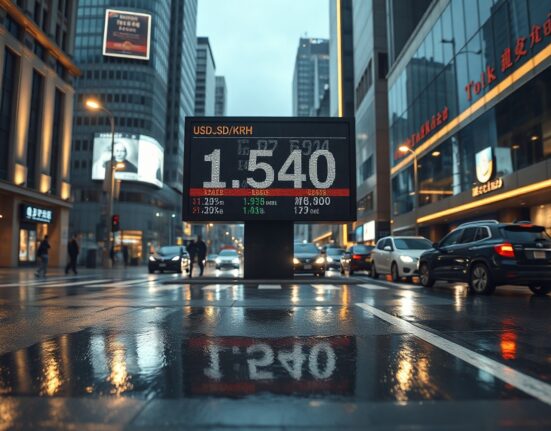 Electronic stock board in Seoul showing USD/KRW exchange rate at 1,540 during evening trading