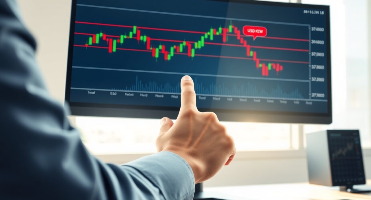 Financial analyst reviewing USD/KRW exchange rate chart showing key resistance levels for currency forecast.