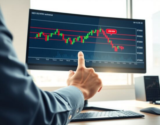 Financial analyst reviewing USD/KRW exchange rate chart showing key resistance levels for currency forecast.