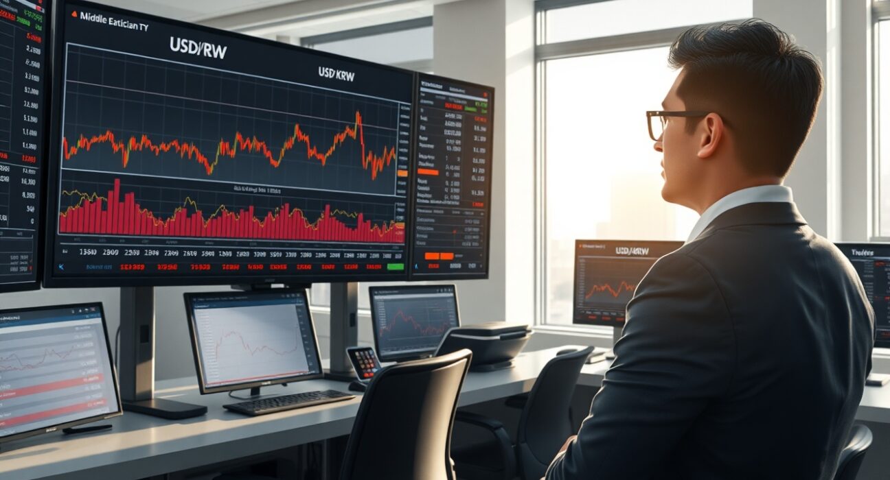 Financial analyst monitoring USD/KRW exchange rate amid Middle East geopolitical risk assessment