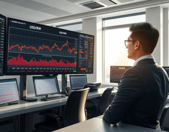 Financial analyst monitoring USD/KRW exchange rate amid Middle East geopolitical risk assessment
