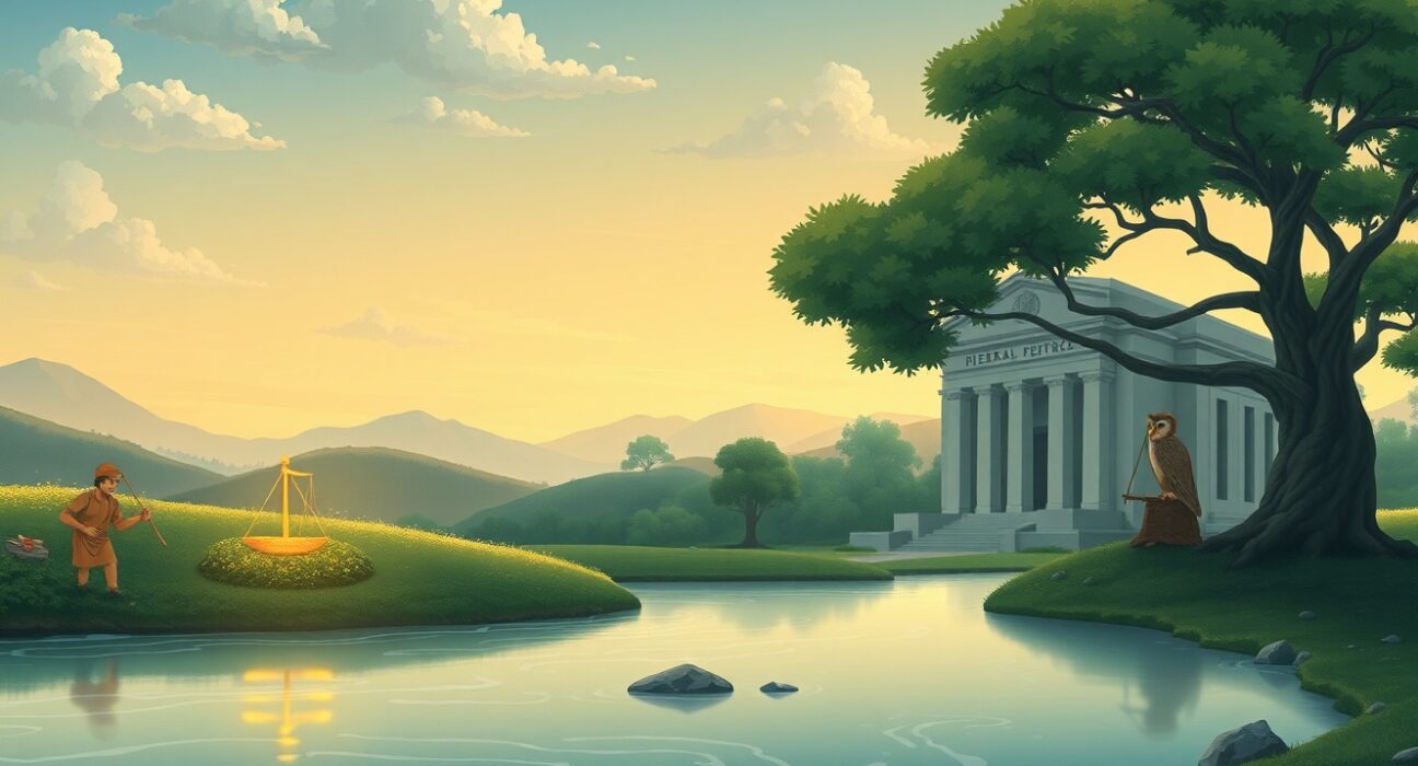 Ghibli-style illustration symbolizing USD analysis through labor markets and Federal Reserve policy decisions.