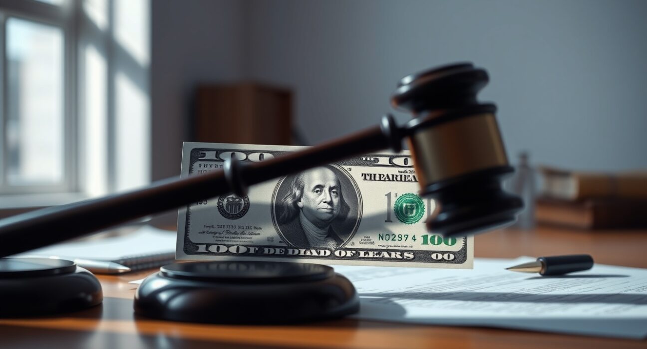 US dollar banknote with gavel shadow representing legal risks from China sanctions