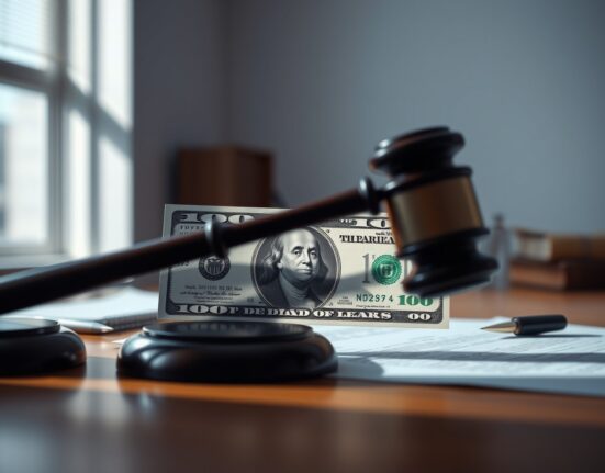 US dollar banknote with gavel shadow representing legal risks from China sanctions