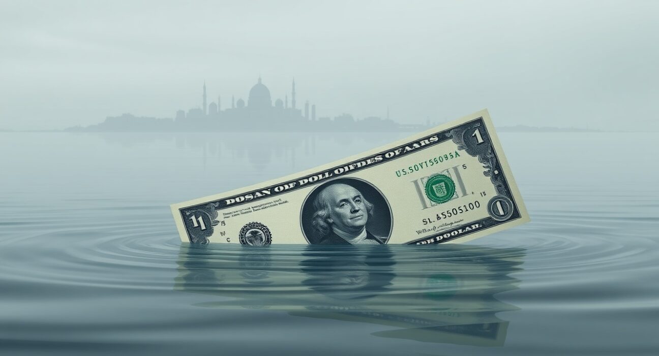 US dollar banknote partially submerged in water with distant war-torn city skyline, representing USD liquidity backstops under geopolitical war pressures.
