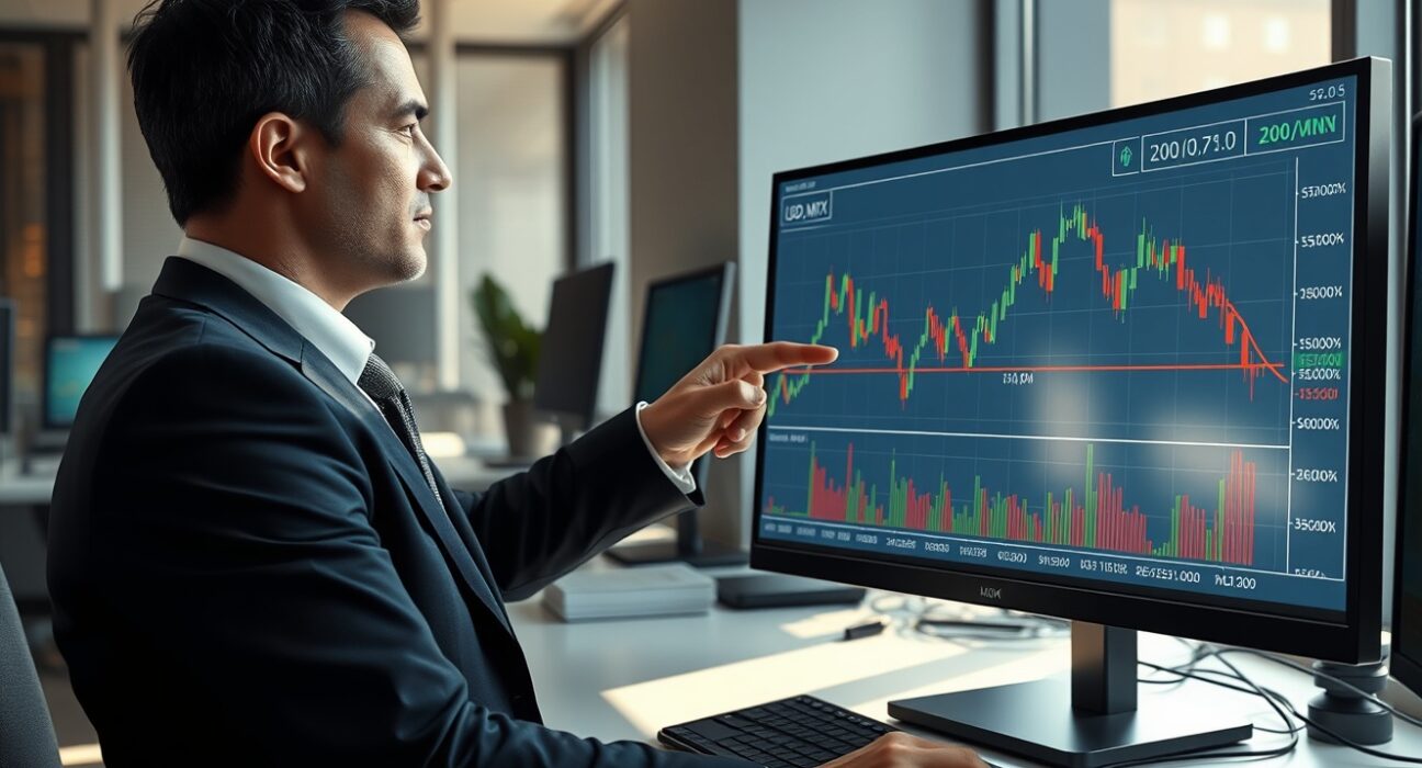 Financial analyst examining USD/MXN chart with 200-day moving average resistance level for forex trading insights