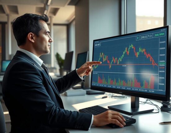Financial analyst examining USD/MXN chart with 200-day moving average resistance level for forex trading insights