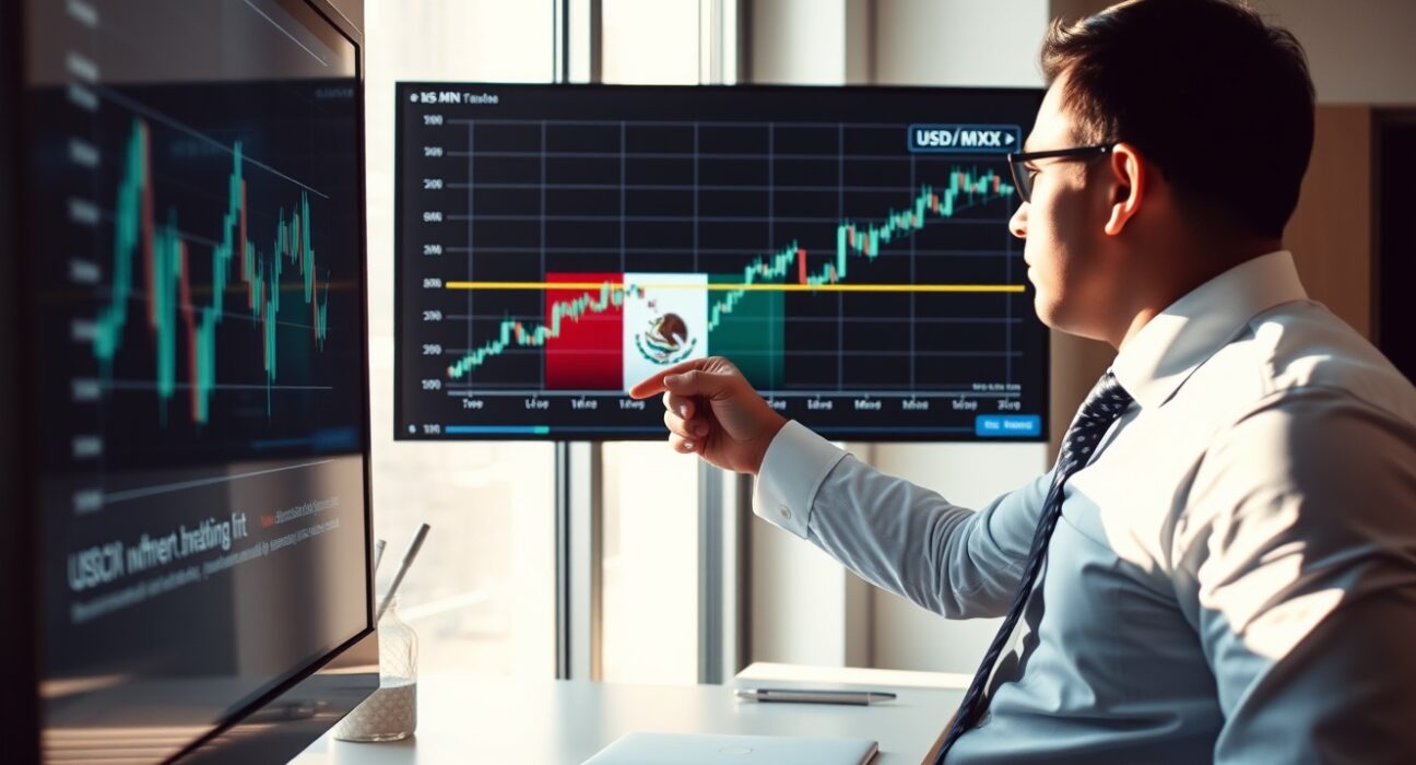 Financial analyst reviewing USD/MXN chart with Mexican flag in background