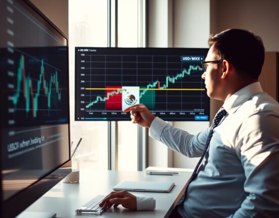 Financial analyst reviewing USD/MXN chart with Mexican flag in background