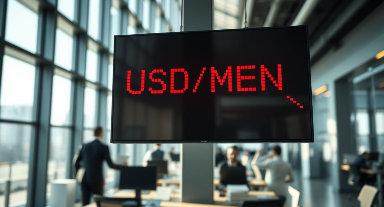 Digital trading screen showing USD/MXN exchange rate in red, indicating peso weakness